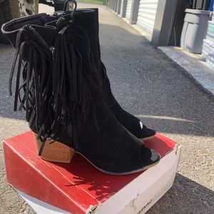 Black fringe open toe heeled booties